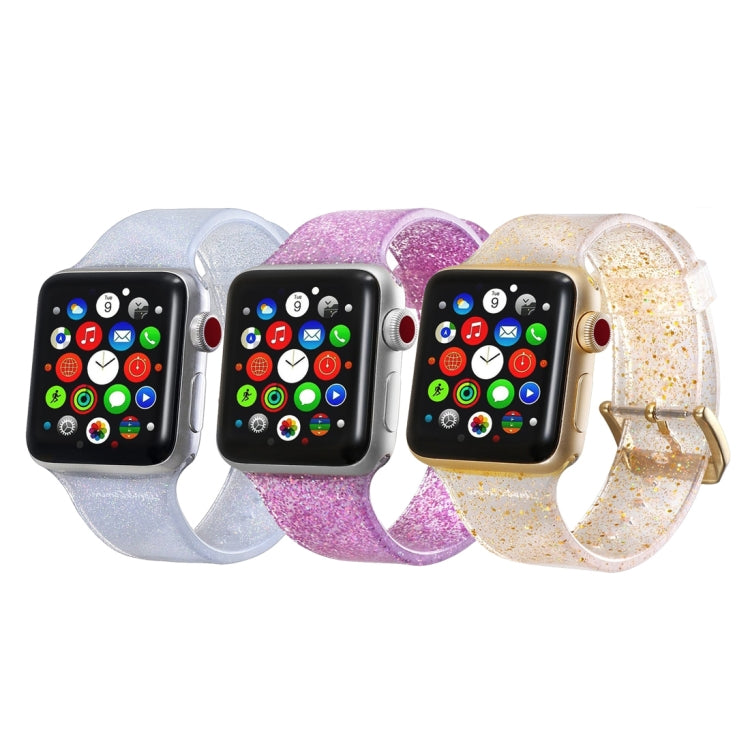Set of glitter silicone watch straps in light blue, pink, and gold with clear buckles