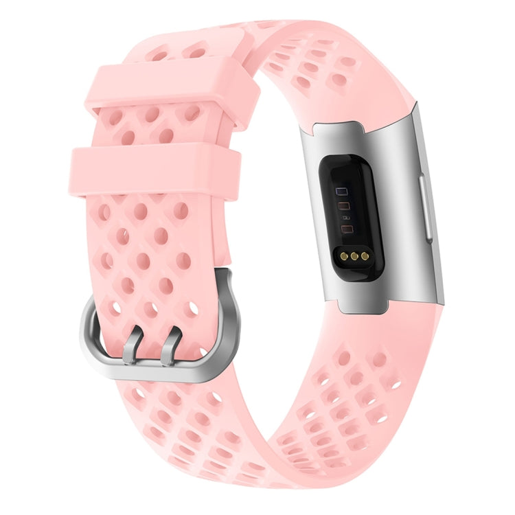 Pink hollow silicone wristband with perforated pattern and watch clasp