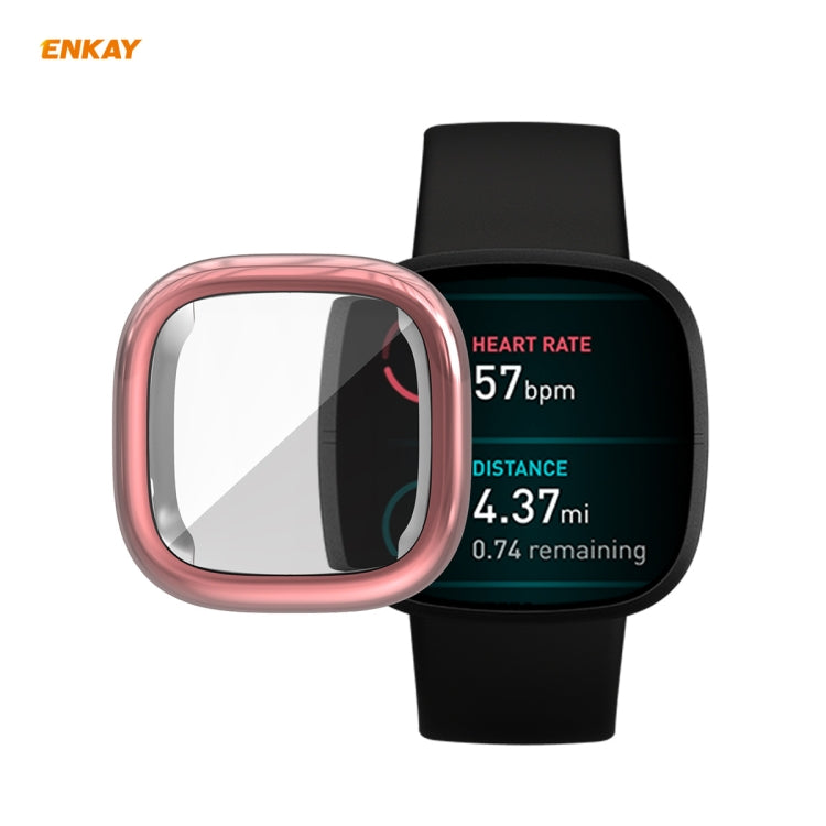 Full-coverage TPU smartwatch case with rose-pink frame for Fitbit Versa 3/Sense