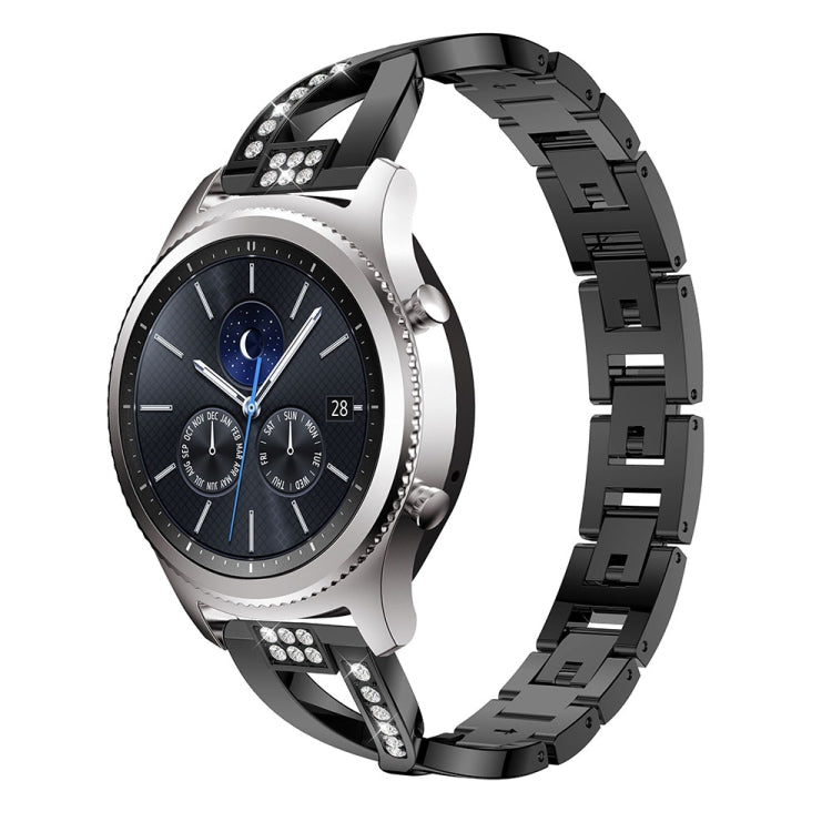 Black diamond-studded stainless steel watch strap with X-shaped center