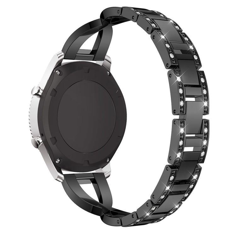 Stainless steel watch strap with X-shaped diamond insets in black and silver