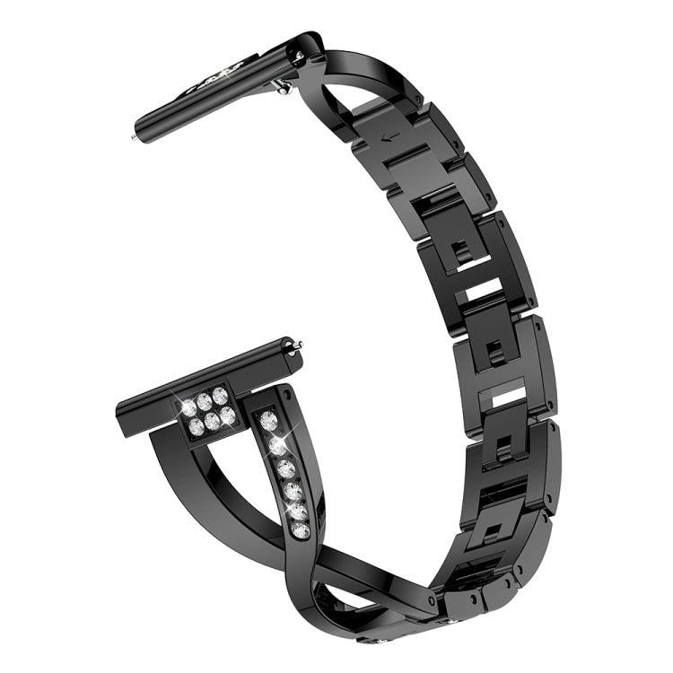 Black stainless steel watch strap with X-shaped diamond insets, angled view