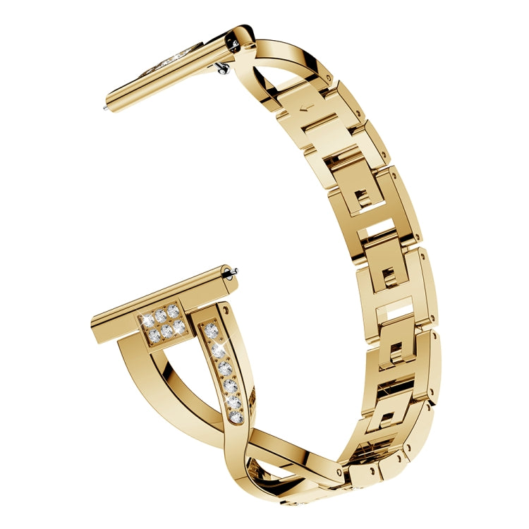 Gold stainless steel watch strap with X-shaped diamond insets
