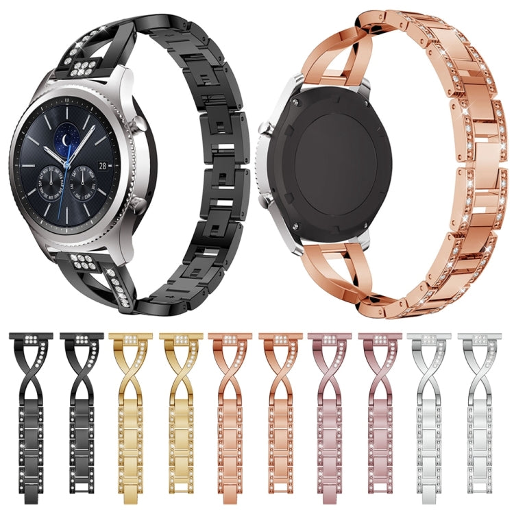 Assorted stainless steel watch straps with X-shaped diamond insets, multiple colors