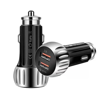 Black dual-port QC3.0 USB car charger with two outputs and metal barrel.