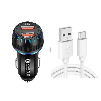 Black dual-port car USB charger with USB-C data cable, 1m length