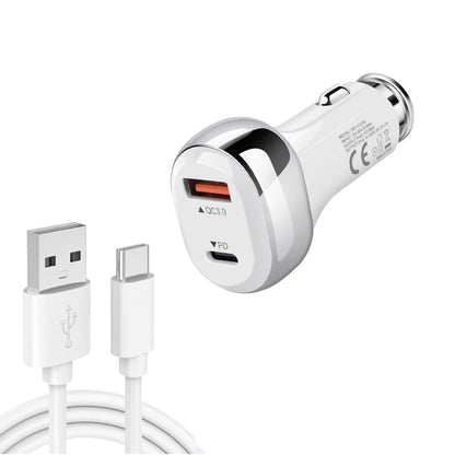 White car charger with USB QC and USB-C PD ports, with attached USB-to-USB-C data cable