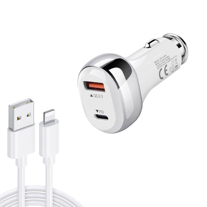 White dual-port car charger with USB-A, USB-C, and attached 8-pin data cable