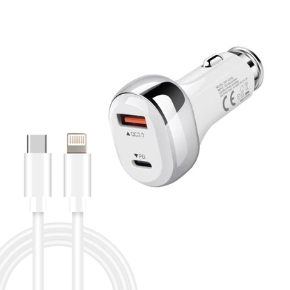 White USB car charger with QC3.0 and PD ports, includes Type-C to 8-pin cable