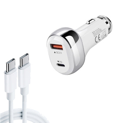 White car charger with USB-C PD and QC3.0 ports, metal ring detail