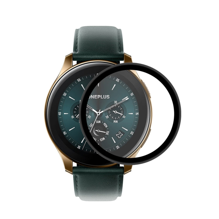 Watch screen protector film for round smartwatch display, on green strap