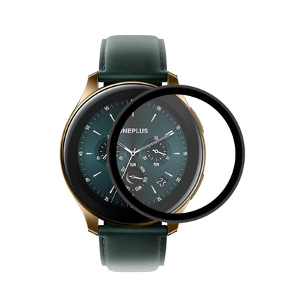 Watch screen protector film for round smartwatch display, on green strap