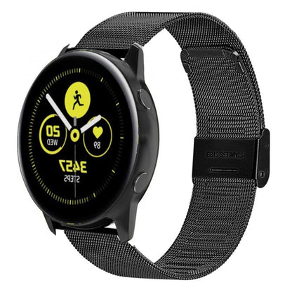 Black fine mesh stainless metal watch strap with double buckle clasp, for wristwatches