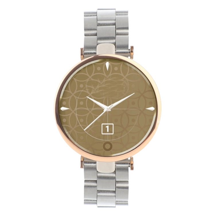Silver stainless steel wristwatch with round brown dial and rose-gold bezel