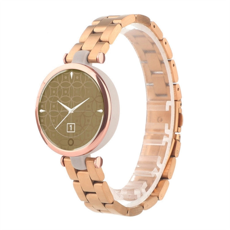 Rose gold stainless steel wristwatch strap with round smartwatch face and clasp