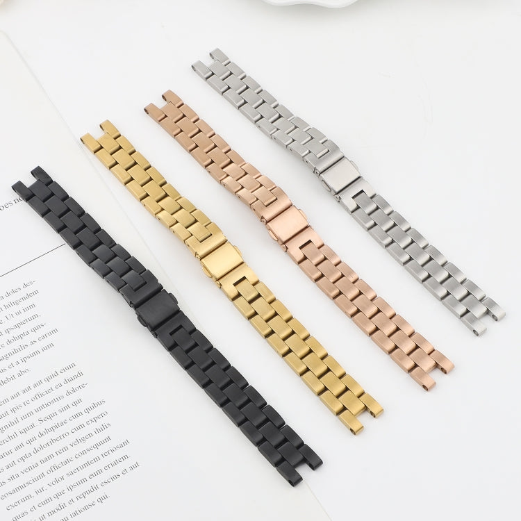 Stainless steel watch straps in black, gold, rose gold, and silver with links