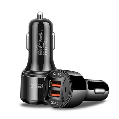 Black dual USB QC3.0 car charger with two orange fast-charge ports