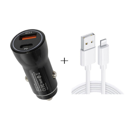 Black car USB charger with QC3.0/PD ports and USB to 8-pin data cable set