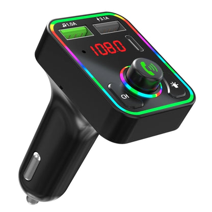 Black car FM transmitter with LED display, call button, and multi-color light ring