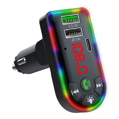 Car MP3 player with dual USB ports, red display, and rainbow breathing LED ring