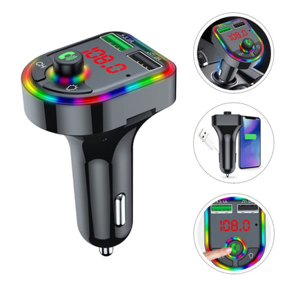 Car FM transmitter with rainbow LED ring, digital frequency display, volume and CH buttons