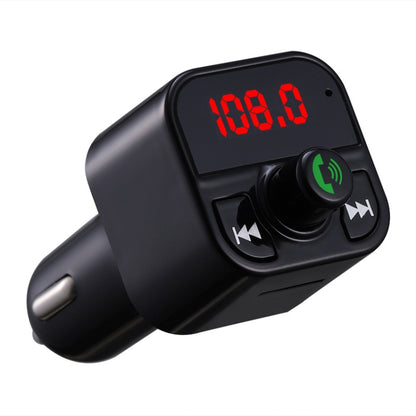 Black hands-free car FM transmitter with red LED frequency display and call button