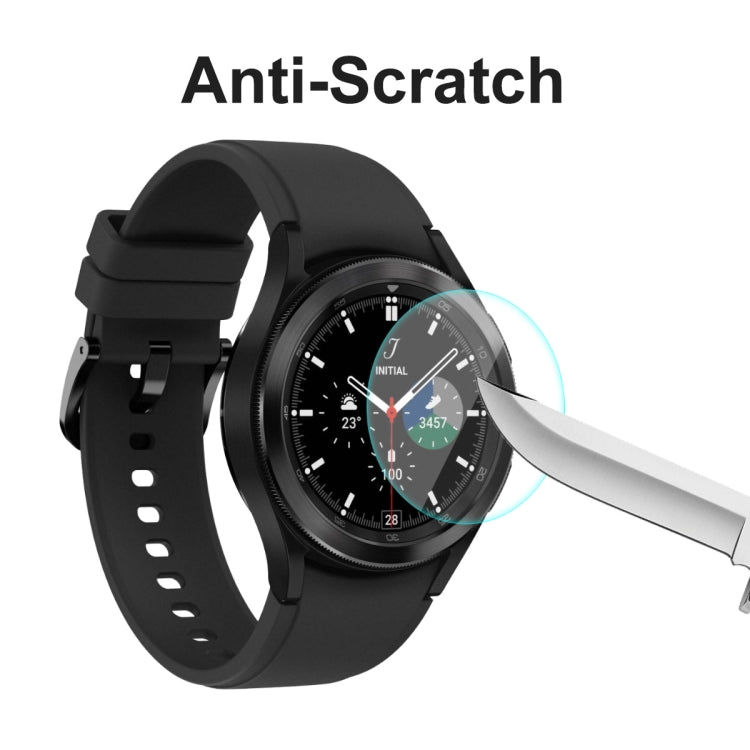Tempered glass screen protector on smartwatch face with anti-scratch tool slide