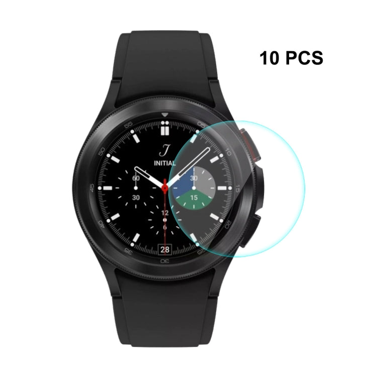 Tempered glass screen protector on black smartwatch face, 10-pack with curved overlay