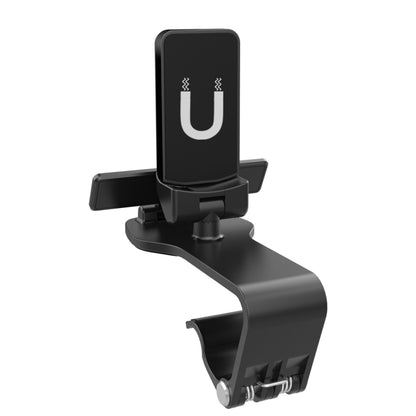 Black magnetic car phone holder with adjustable clamp and U-shaped emblem