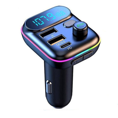 Black car FM MP3 player with Bluetooth, rainbow trim, blue LCD, USB ports and control knob