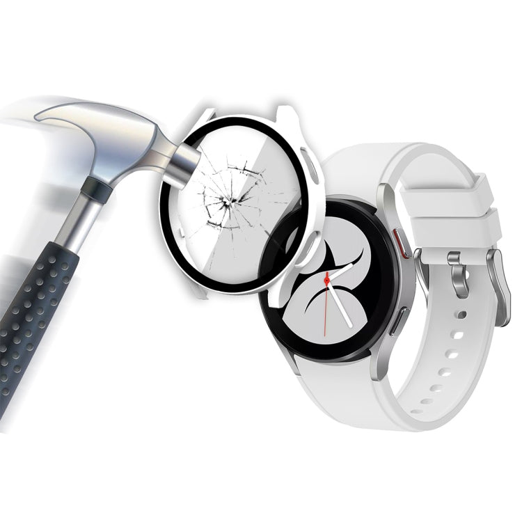 Silver smartwatch case with black tempered glass protector over watch face