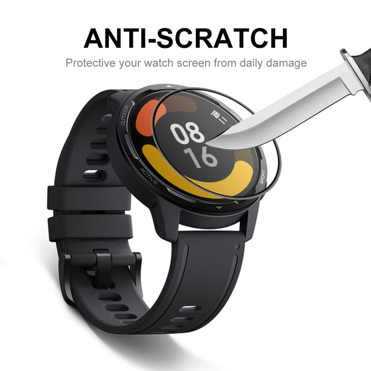 Anti-scratch clear screen protector film on black smartwatch with curved overlay