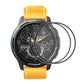 Curved clear screen protector film on yellow-banded smartwatch face