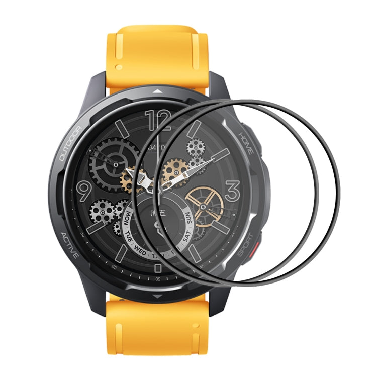 Curved clear screen protector film on yellow-banded smartwatch face