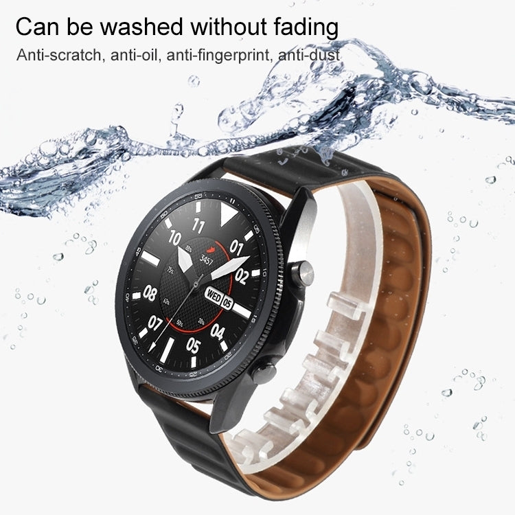 Black silicone magnetic watch band with water droplets and silver watch case
