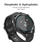 Tempered glass screen protector with water droplets on black smartwatch face