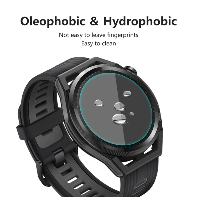 Tempered glass screen protector with water droplets on black smartwatch face