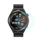 Tempered glass screen protector on black Huawei watch, curved edge coverage