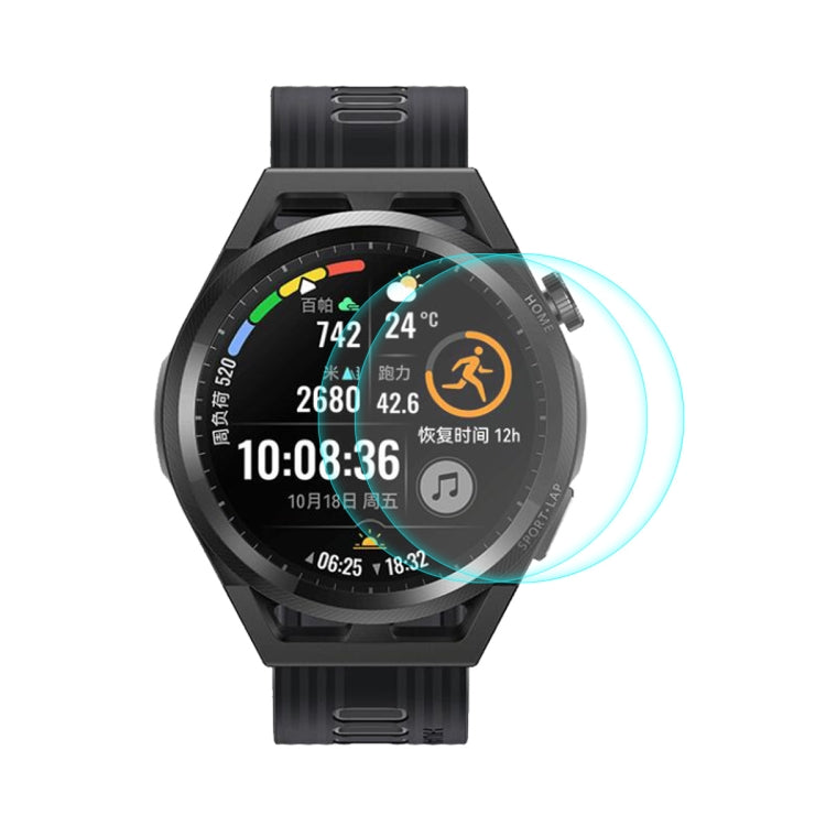 Tempered glass screen protector on black Huawei watch, curved edge coverage