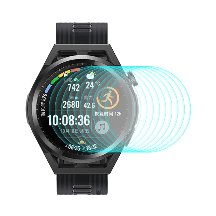 Tempered glass screen protector, multiple blue glow arcs on black watch display