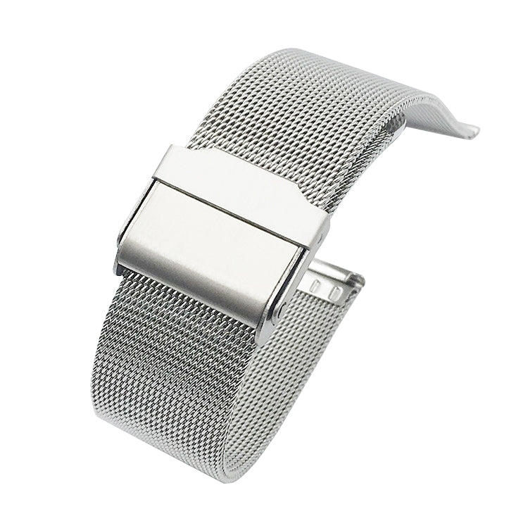 Silver-tone Milanese watch strap, double insurance buckle close-up