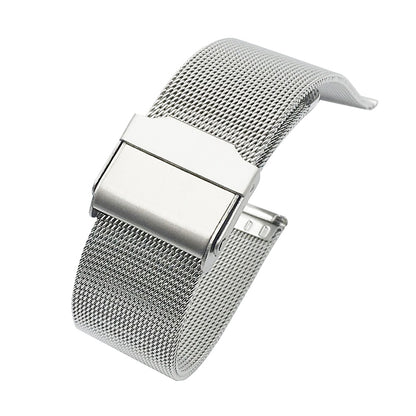 Silver-tone Milanese watch strap, double insurance buckle close-up