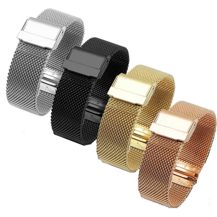 Mesh watch straps in silver, black, gold, and rose gold with double buckle clasp