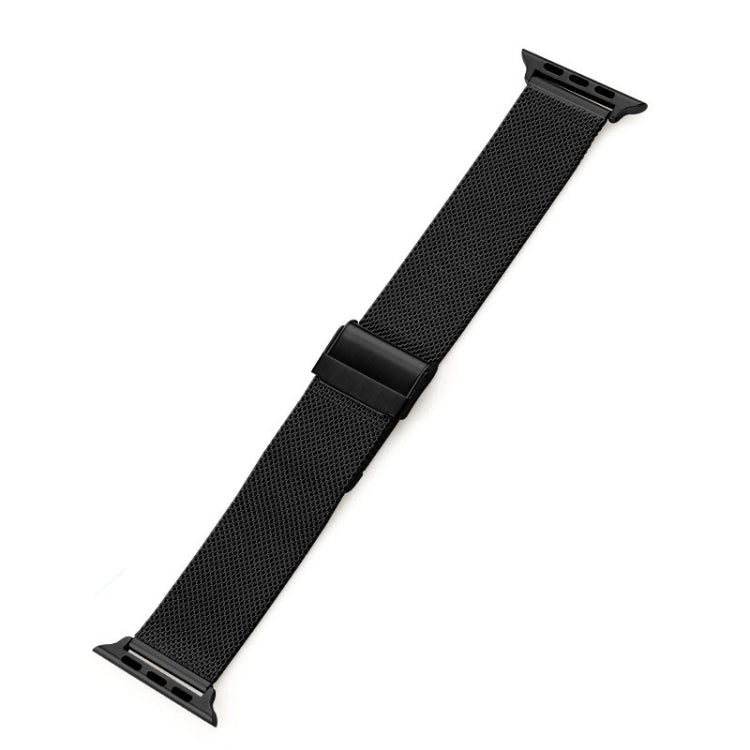 Black metal mesh watch band with fold-over clasp and pin slots for Apple Watch