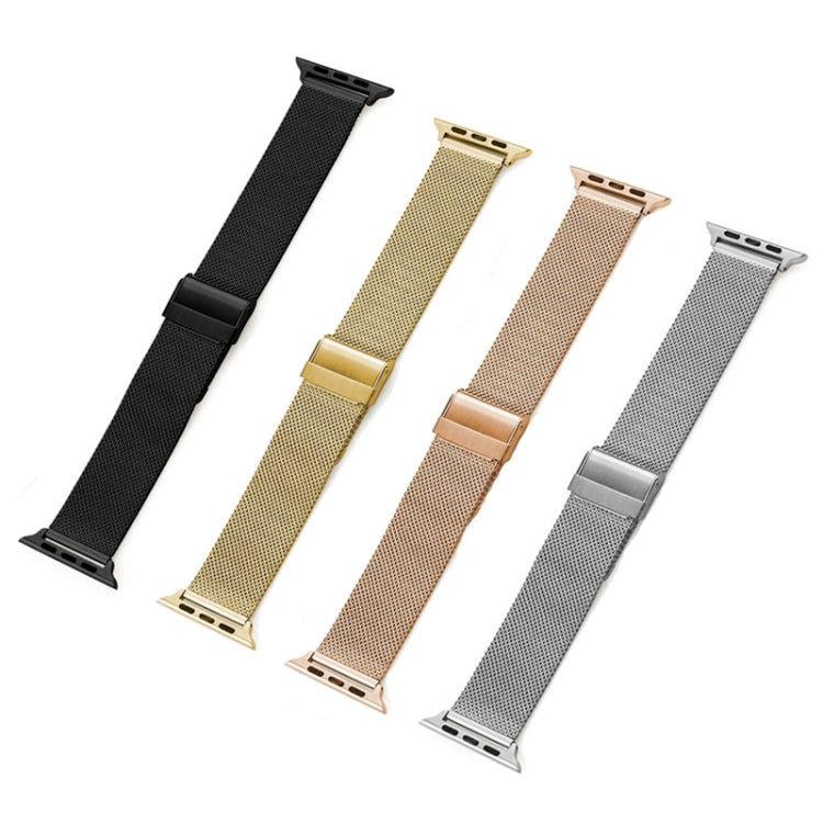 Assorted metal mesh watch bands in black, gold, rose gold, and silver with clasps