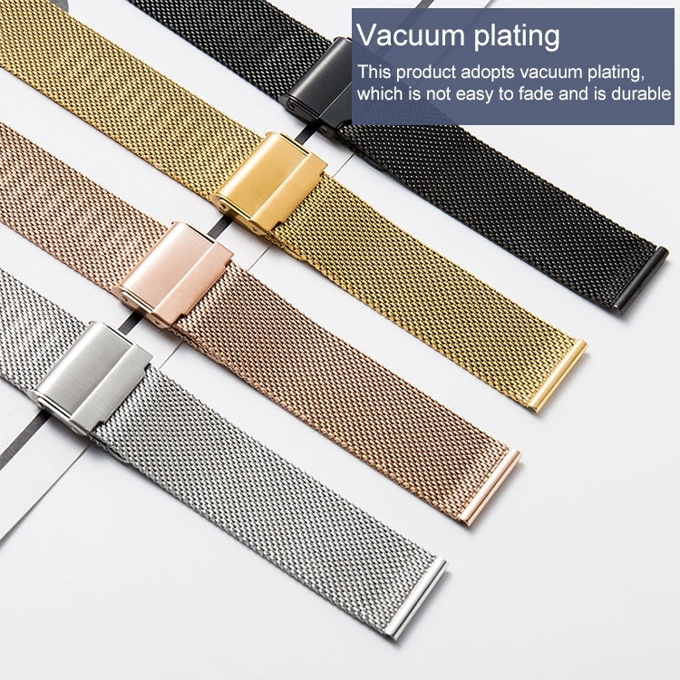 Milanese mesh watch bands in silver, gold, rose gold, and black with metal buckles