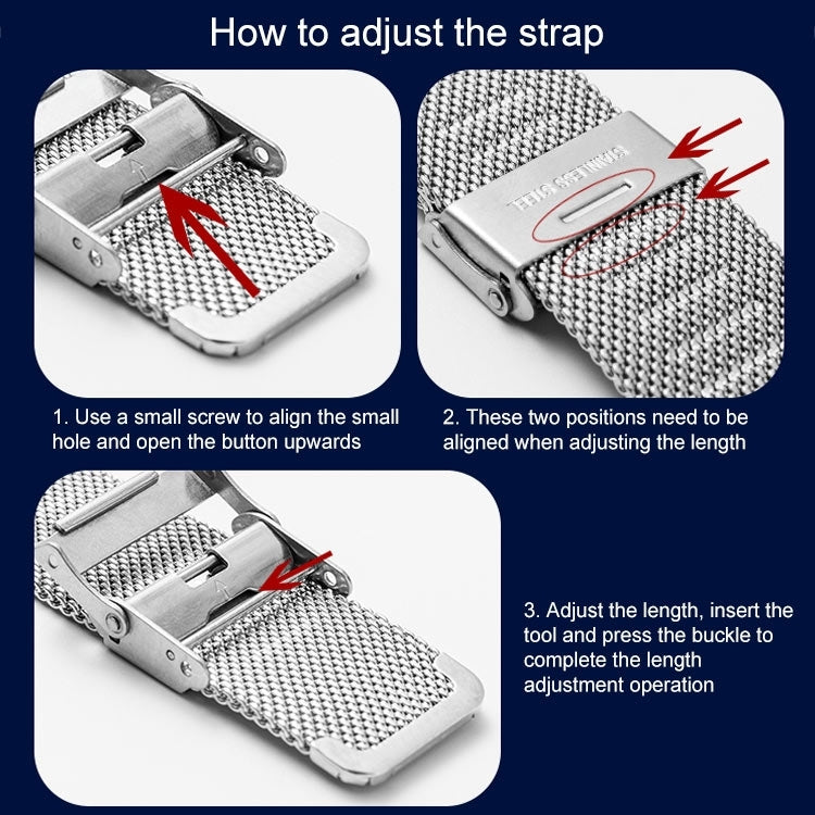 Adjustable Milanese mesh watch band with metal clasp and length adjustment holes