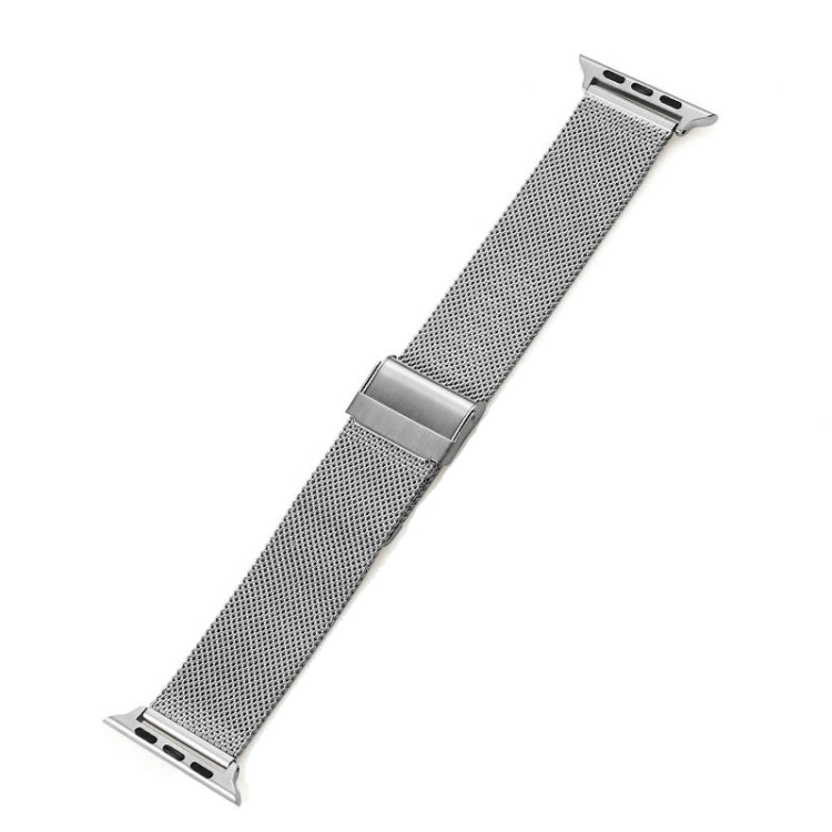 Silver metal mesh watch band with fold-over clasp and pin slots for Apple Watch