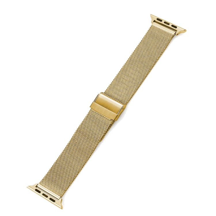 Gold metal mesh watch band with rectangular fold-over clasp and pin slots