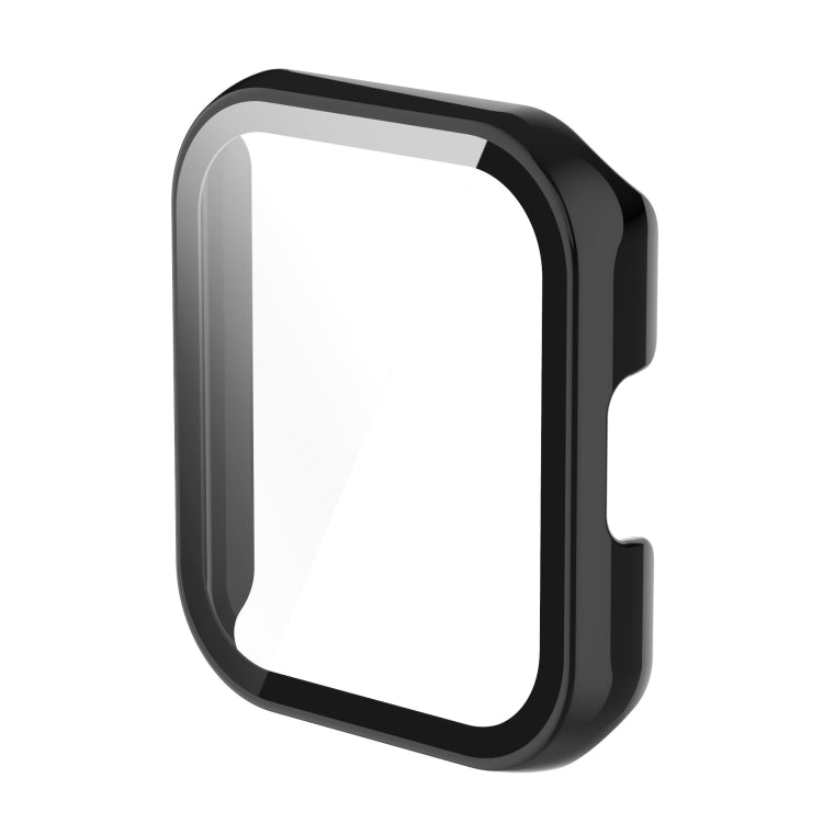 Black watch case with integrated toughened film, front window view.